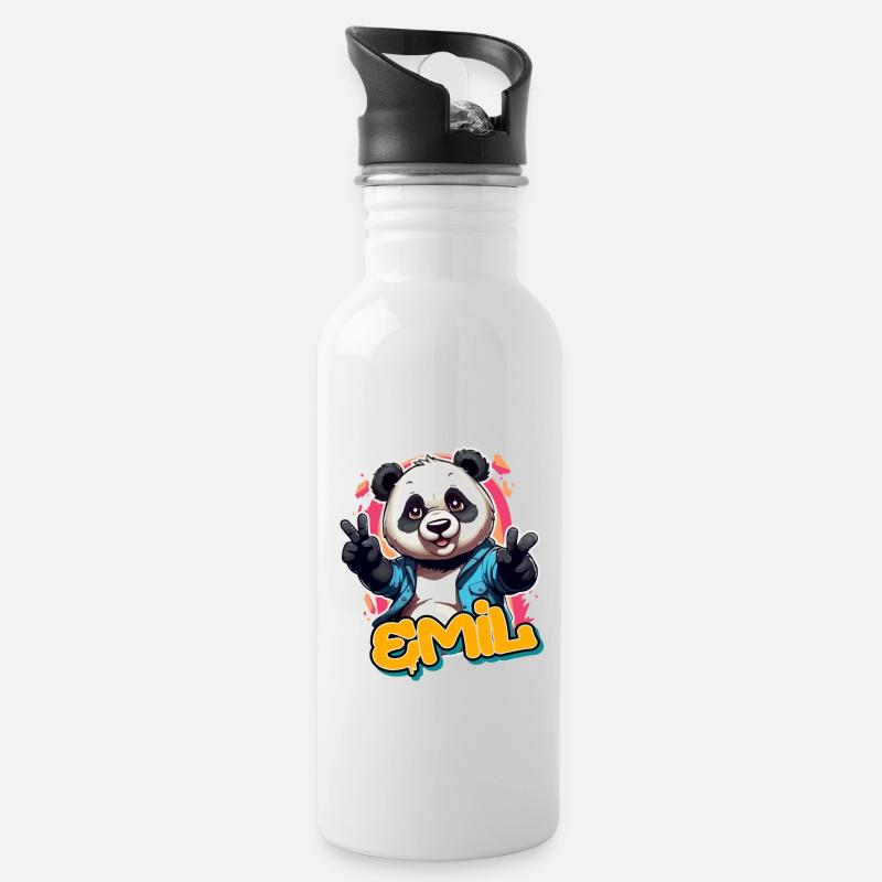 EMIL - Handsome Boy Name with Cool Panda - Water bottle with straw - white