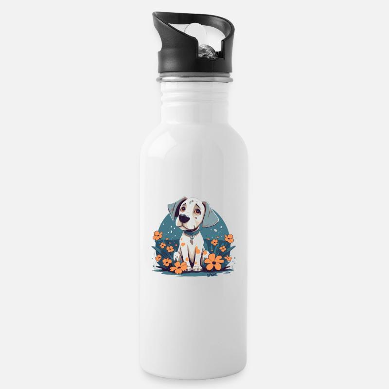 Blumen und ein süßer niedlicher Welpen Hund - Trinkflasche mit integriertem Trinkhalm - Weiß
