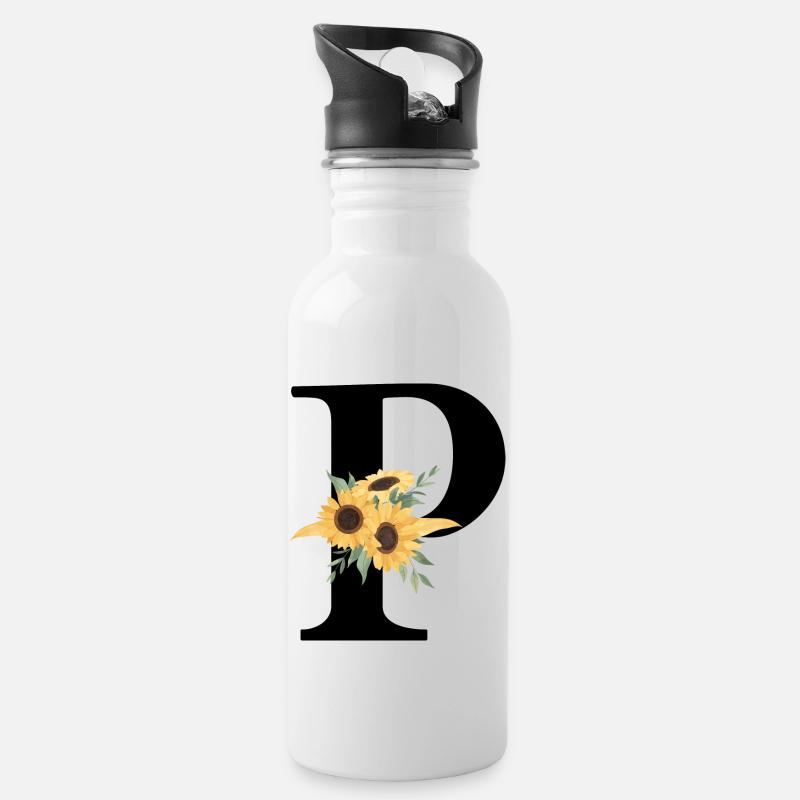 Buchstabe p Blumen-Sonnenblume - Trinkflasche mit integriertem Trinkhalm - Weiß