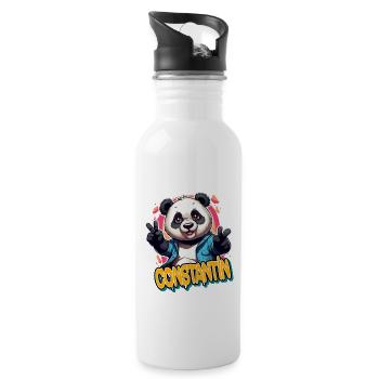 CONSTANTIN - Schöner Jungen Name mit coolem Panda - Trinkflasche mit integriertem Trinkhalm - Weiß - Rechts