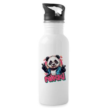 NIKKI - Schöner Mädchen Name mit coolem Panda - Trinkflasche mit integriertem Trinkhalm - Weiß - Rechts