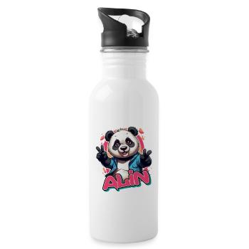 ALIN - Schöner Mädchen Name mit coolem Panda - Trinkflasche mit integriertem Trinkhalm - Weiß - Rechts