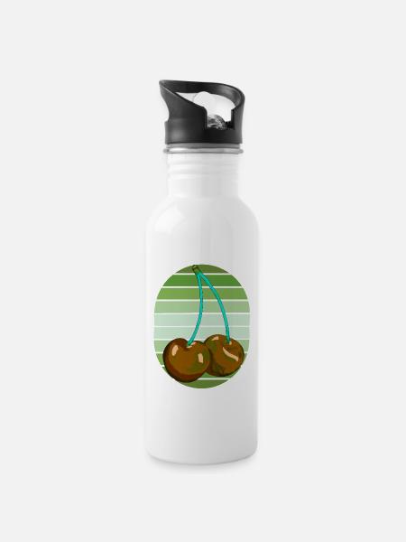 Rockabilly Retro Vintage Kirschen - Trinkflasche mit integriertem Trinkhalm - Weiß