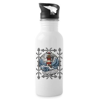 lighthouse, signal, maritime, whale, waves, sea, fish - Water bottle with straw - white - Right