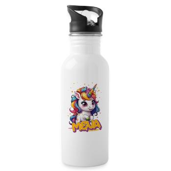 MEVA - Schöner Mädchen Name mit süßem Einhorn - Trinkflasche mit integriertem Trinkhalm - Weiß - Rechts