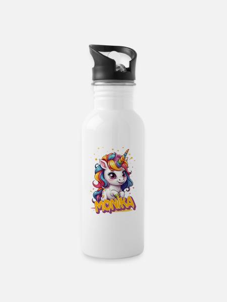 MONIKA - Schöner Mädchen Name mit süßem Einhorn - Trinkflasche mit integriertem Trinkhalm - Weiß