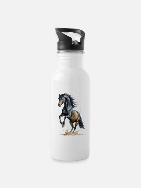 Majestätischer schwarzer Hengst Aquarell - Trinkflasche mit integriertem Trinkhalm - Weiß