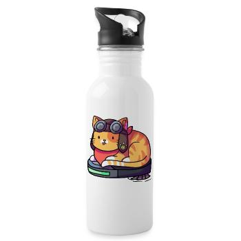 Katze Fliegerbrille/ Pilot auf Staubsauger Roboter - Trinkflasche mit integriertem Trinkhalm - Weiß - Rechts
