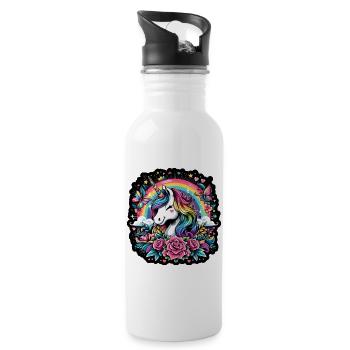 Regenbogen-Einhorn zwischen Rosen und Schmetterlingen - Trinkflasche mit integriertem Trinkhalm - Weiß - Rechts