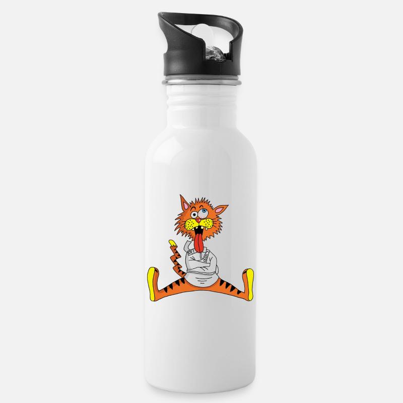 Verrückte Katze - Trinkflasche mit integriertem Trinkhalm - Weiß