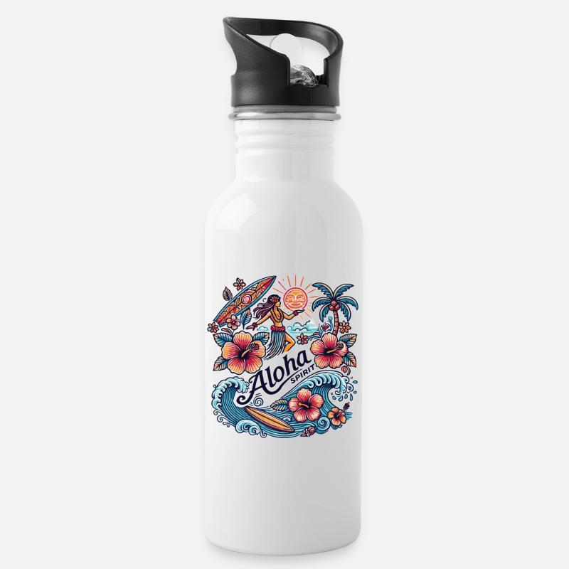 Aloha Spirit - Tropisches Hula & Surf Design - Trinkflasche mit integriertem Trinkhalm - Weiß