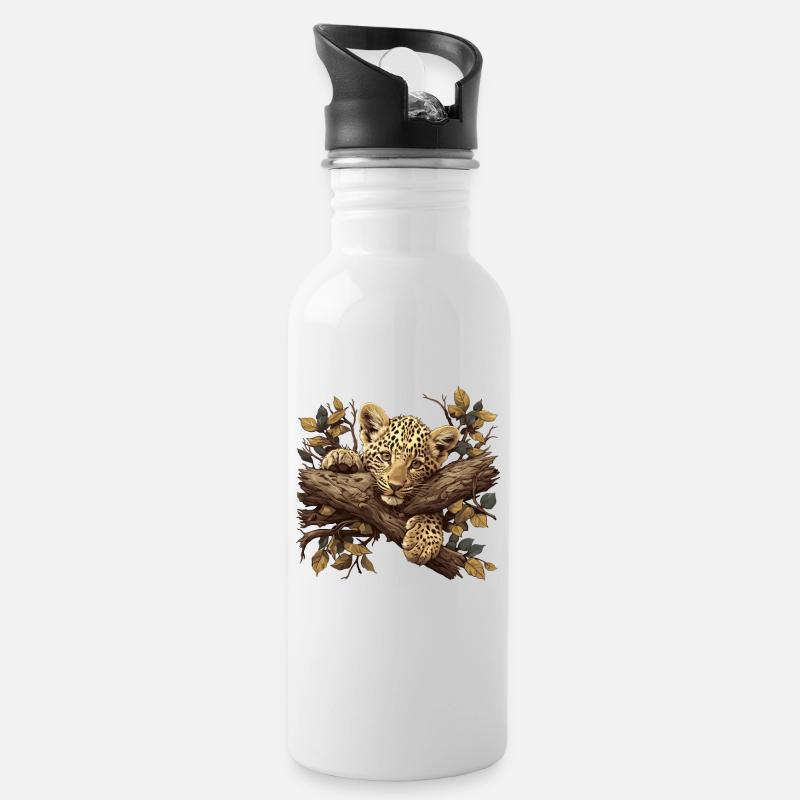 Leoparden Leopard - Trinkflasche mit integriertem Trinkhalm - Weiß