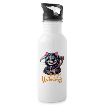 Halloween Katze Mieze Sense Sensemann Cool Lustig - Trinkflasche mit integriertem Trinkhalm - Weiß - Rechts