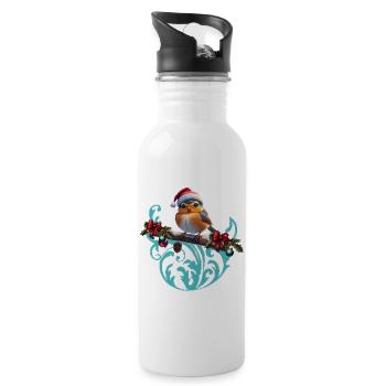 Cute Christmas bird sitting on a covered branch - Water bottle with straw - white - Right