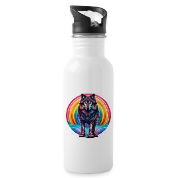 Regenbogen Wolf Wölfe - Trinkflasche mit integriertem Trinkhalm - Weiß - Rechts