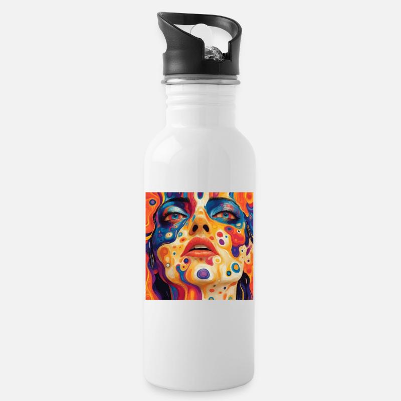 Psychodelisches Gesicht bunt - Trinkflasche mit integriertem Trinkhalm - Weiß