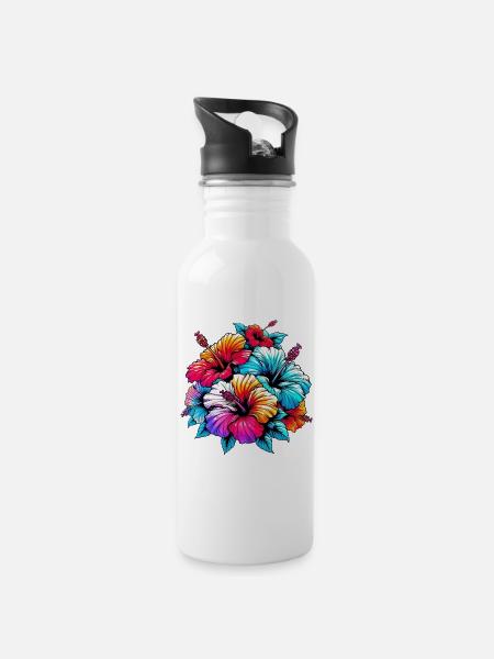 Hibiskusblüten - Trinkflasche mit integriertem Trinkhalm - Weiß