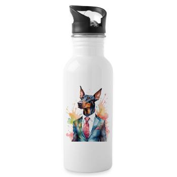 Dobermann Anzug Hund Bunt Lustig Tier Design Print - Trinkflasche mit integriertem Trinkhalm - Weiß - Rechts