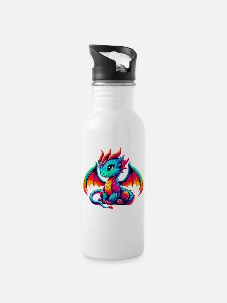 Drache - Trinkflasche mit integriertem Trinkhalm - Weiß