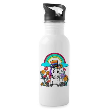 LGBT Regenbogen Einhorn Einhörner Pferd Pferde - Trinkflasche mit integriertem Trinkhalm - Weiß - Rechts