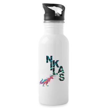 NIKLAS - Schöner Jungen Name mit Dinosaurier - Trinkflasche mit integriertem Trinkhalm - Weiß - Rechts