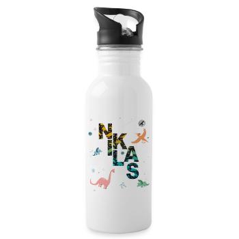 NIKLAS - Schöner Jungen Name mit Dinosaurier - Trinkflasche mit integriertem Trinkhalm - Weiß - Rechts