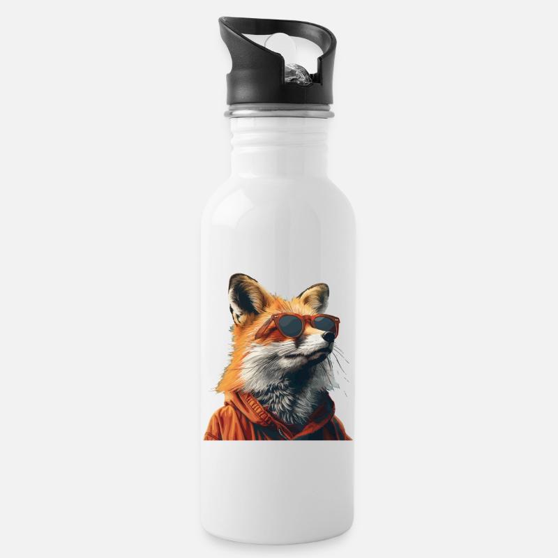 Lusitger Fuchs mit Sonnenbrille - Trinkflasche mit integriertem Trinkhalm - Weiß