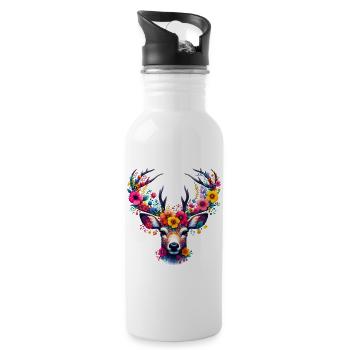 Hirsch mit Blumen geschmückt - Trinkflasche mit integriertem Trinkhalm - Weiß - Rechts