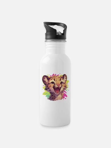 Leoparden Leopard - Trinkflasche mit integriertem Trinkhalm - Weiß