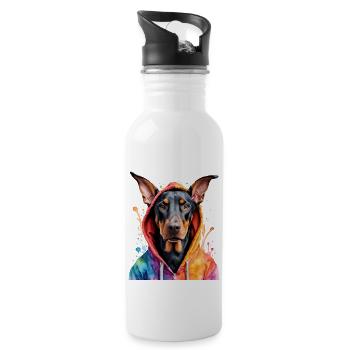 Dobermann Hoodie Hund Bunt Lustig Tier Print - Trinkflasche mit integriertem Trinkhalm - Weiß - Rechts