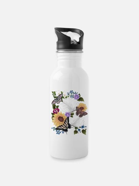 Books with flowers and butterflies - Water bottle with straw - white
