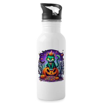 Lustige Halloween Psycho Katze mit Krone - Trinkflasche mit integriertem Trinkhalm - Weiß - Rechts