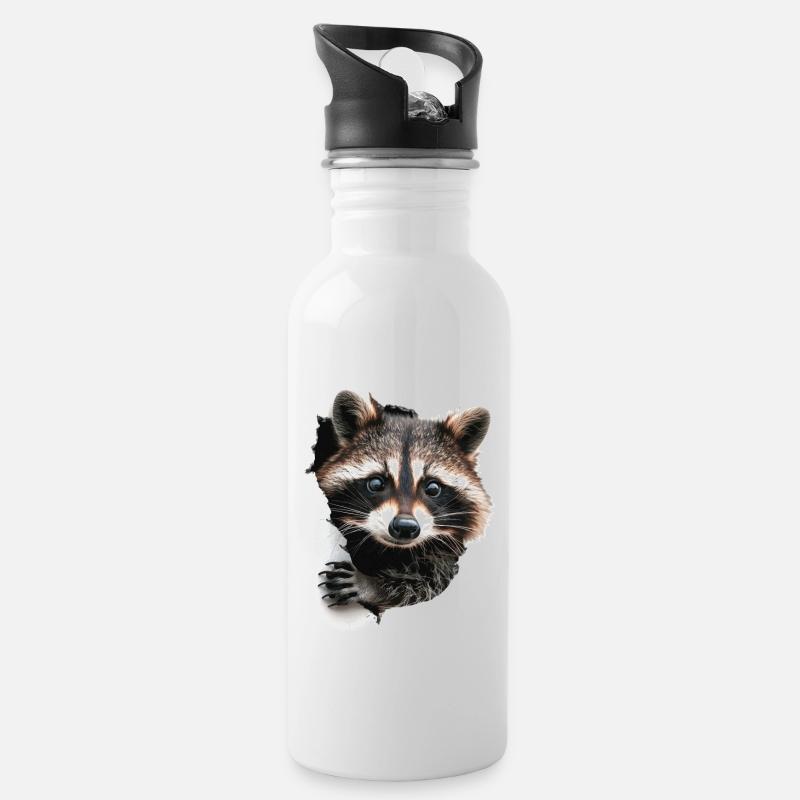 Waschbär - Trinkflasche mit integriertem Trinkhalm - Weiß