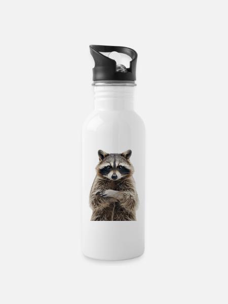 Waschbär - Trinkflasche mit integriertem Trinkhalm - Weiß