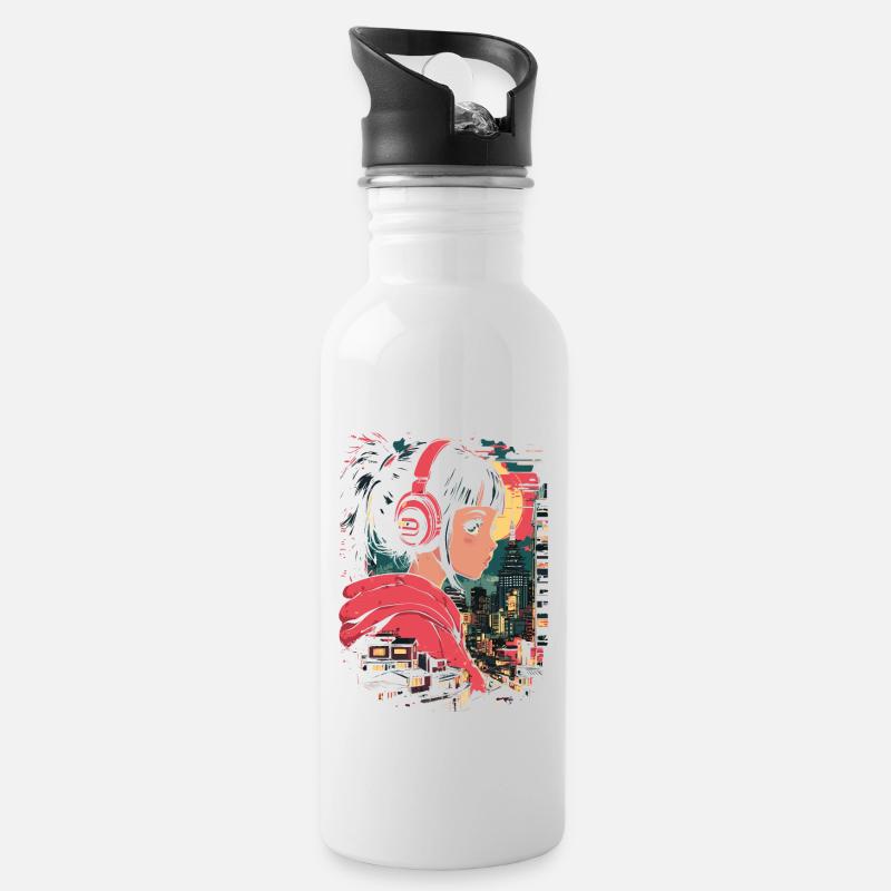 Anime Mädchen Japan - Trinkflasche mit integriertem Trinkhalm - Weiß