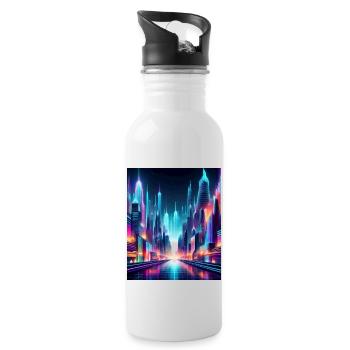 Futuristic Neon Cityscape – Vibrant Cyberpunk Art - Water bottle with straw - white - Right