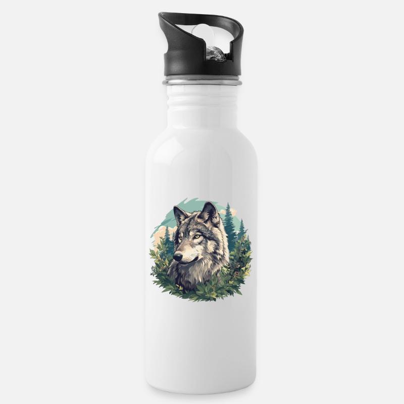Wölfe Wolf - Trinkflasche mit integriertem Trinkhalm - Weiß