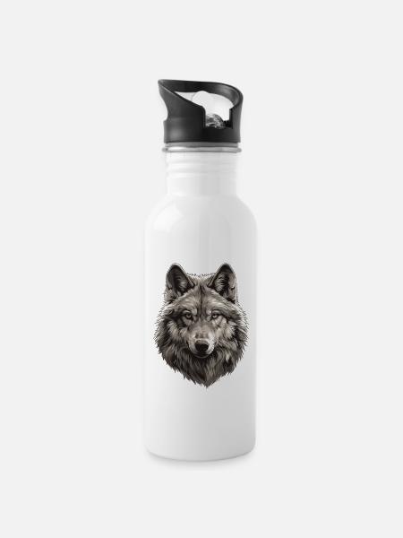 Wölfe Wolf - Trinkflasche mit integriertem Trinkhalm - Weiß