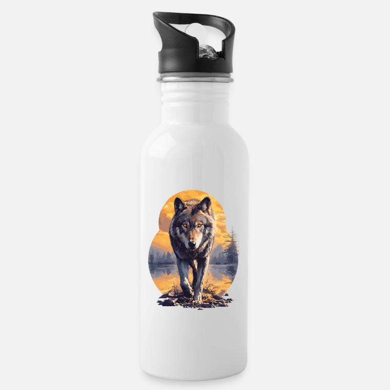 Wölfe Wolf - Trinkflasche mit integriertem Trinkhalm - Weiß