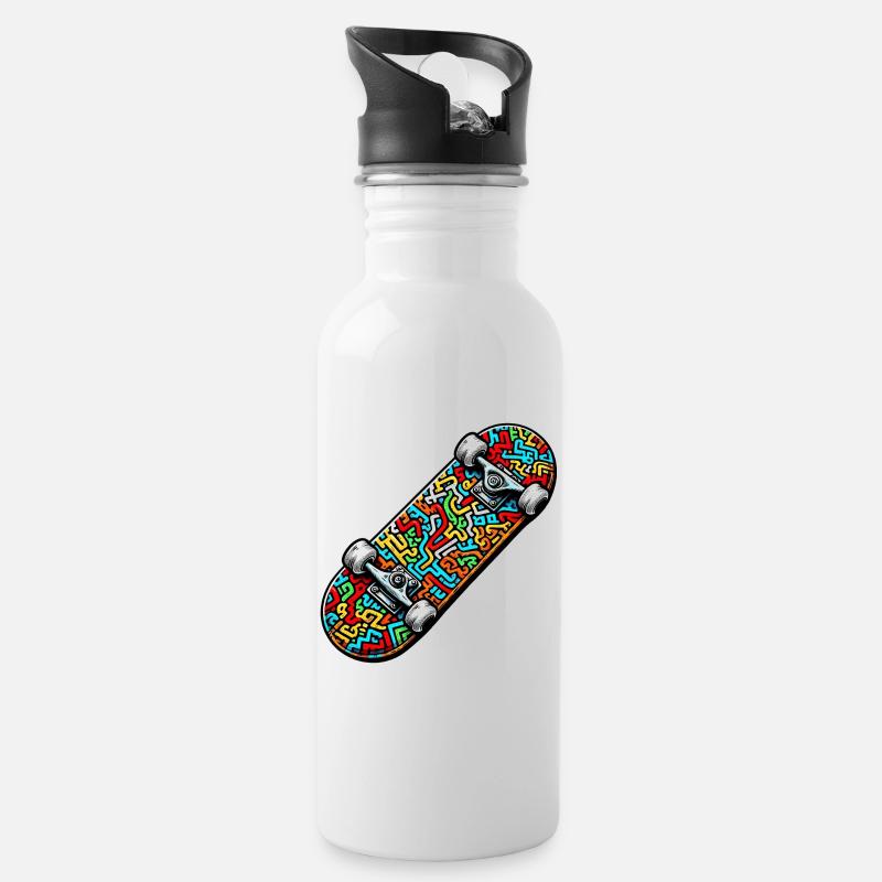 Skateboard - Trinkflasche mit integriertem Trinkhalm - Weiß