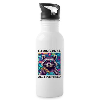 Funny Raccoon Gaming Pizza Gamer Gamer Gaming - Water bottle with straw - white - Right
