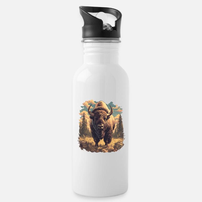 Bisons Bison - Trinkflasche mit integriertem Trinkhalm - Weiß
