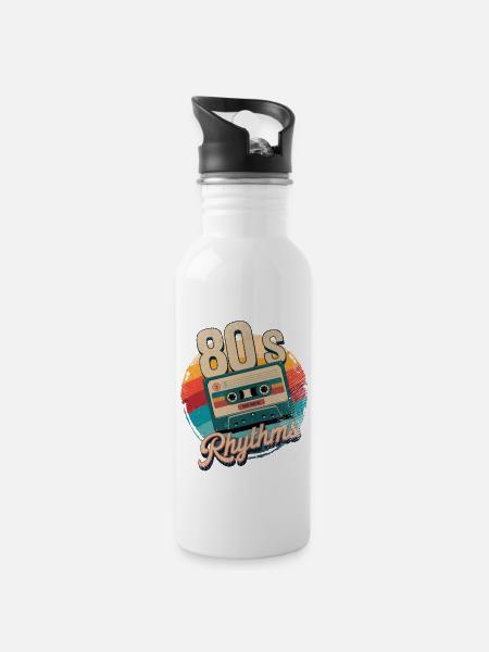 80er Jahre Rhythmus Kassette - Trinkflasche mit integriertem Trinkhalm - Weiß