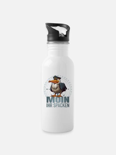 Moin ihr Spacken - Trinkflasche mit integriertem Trinkhalm - Weiß