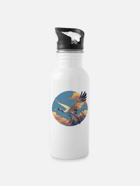 Kraniche Kranich - Trinkflasche mit integriertem Trinkhalm - Weiß
