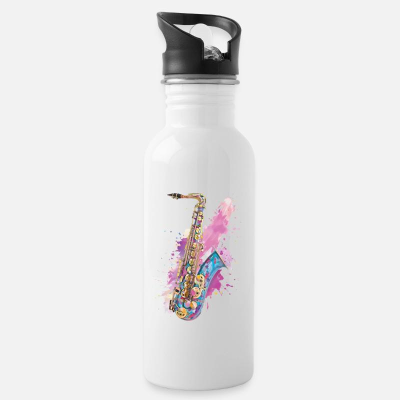 Saxophon - Trinkflasche mit integriertem Trinkhalm - Weiß