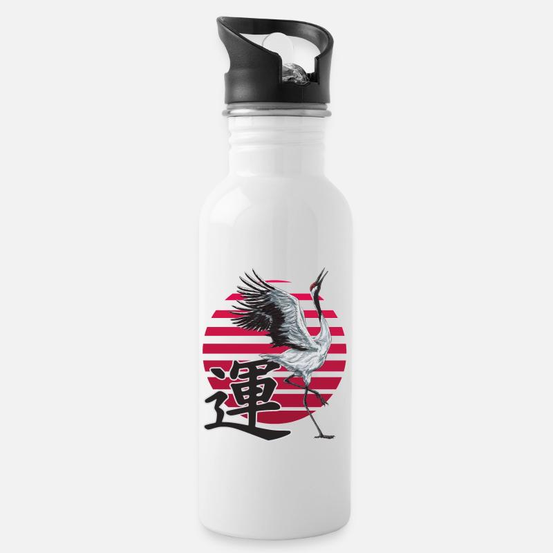 Kranich des Glücks – Japanischer Stil - Trinkflasche mit integriertem Trinkhalm - Weiß