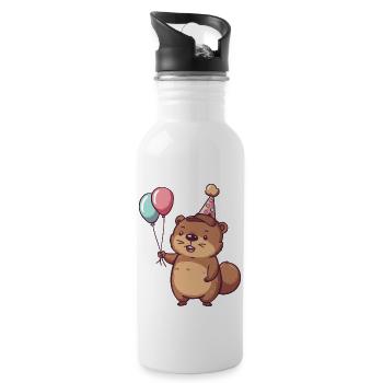 Biber Geburtstag Comic Niedlich - Trinkflasche mit integriertem Trinkhalm - Weiß - Rechts