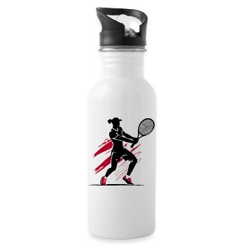 Tennis Tennisspieler Silhouette, rot-schwarz - Trinkflasche mit integriertem Trinkhalm - Weiß - Rechts