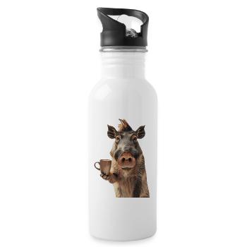 Warzenschwein Kaffee - Trinkflasche mit integriertem Trinkhalm - Weiß - Rechts